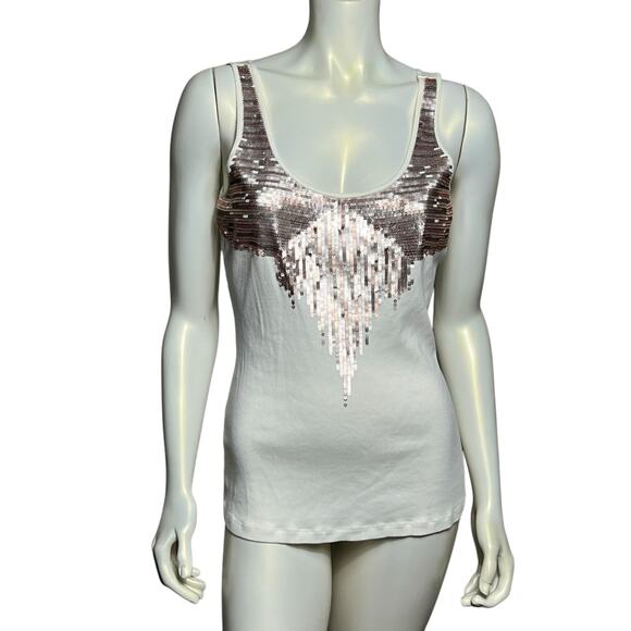 Express White Ribbed Tank Top Silver Sequin Cascade Detail Scoop Neck Size L - Picture 1 of 10